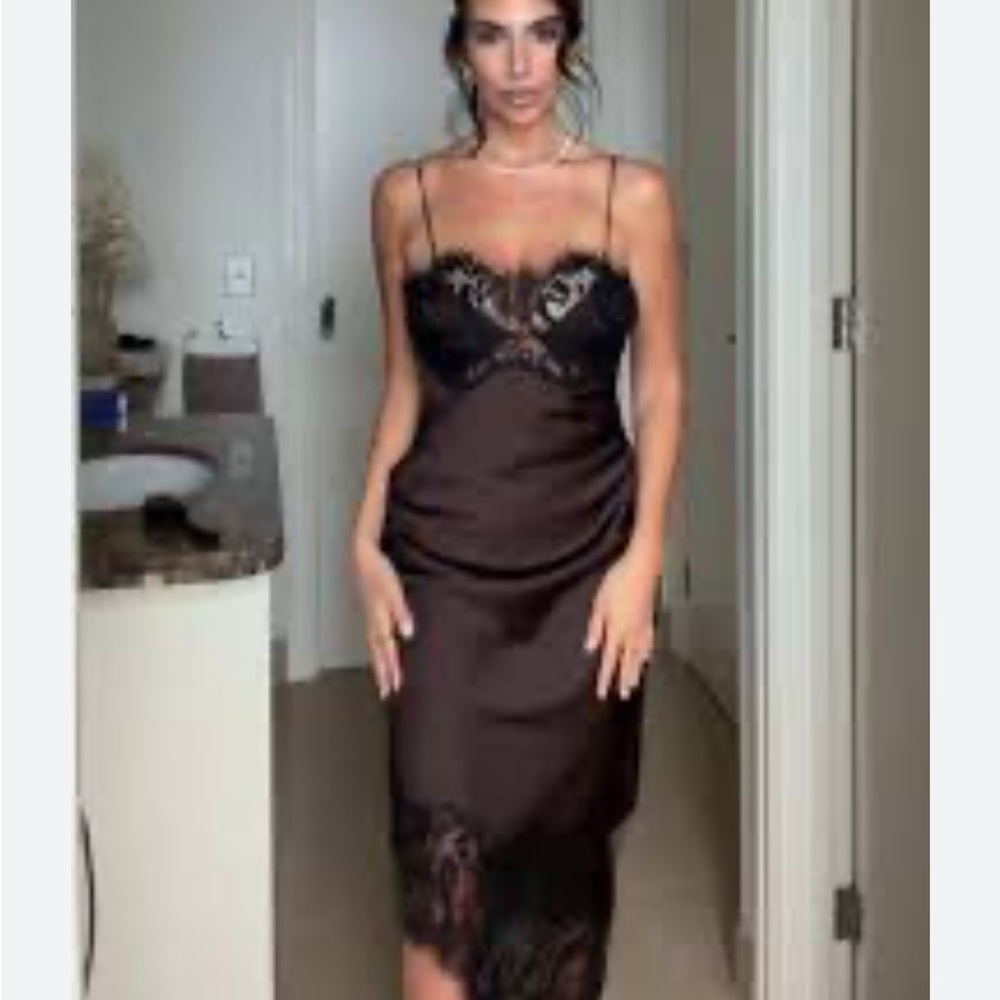 Zara NWT ZW Collection asymmetric satin lace dress brown 4772/113 - Picture 3 of 12